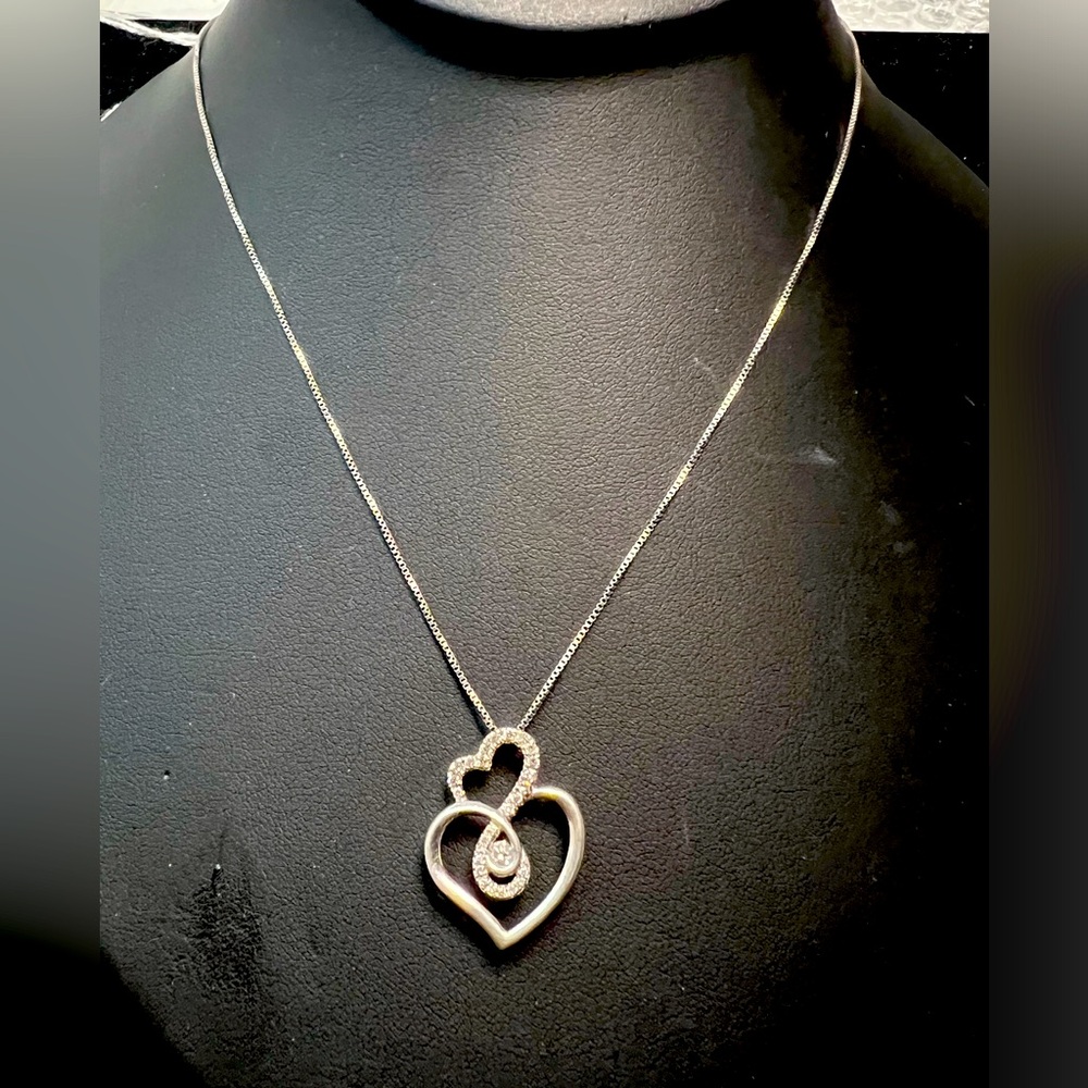 925 Sterling Silver Real White Diamond Double Heart Slide Pendant. 18 Inch, 3.3g